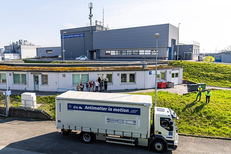 A truck carries the transportable antimatter trap during a road test at the European Organization for Nuclear Research (CERN), in Meyrin near Geneva, Switzerland. 