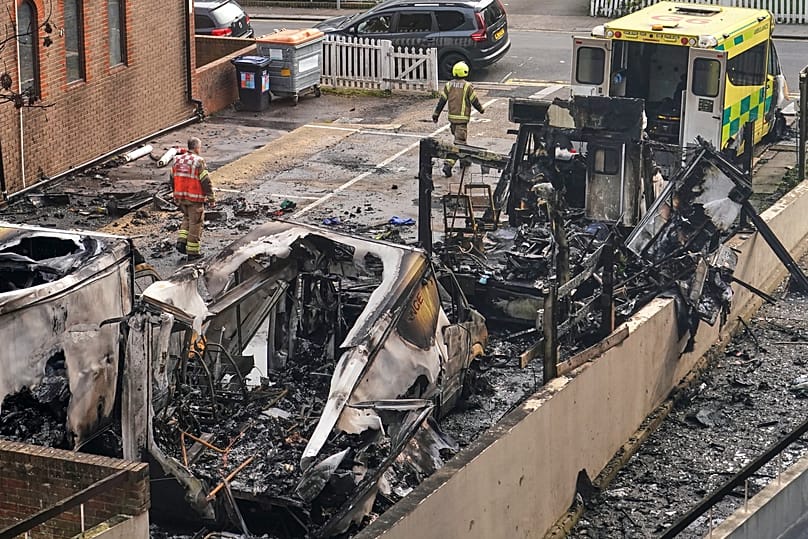 View of burnt ambulances in a car park at Golders Green in London, 23 March, 2026 