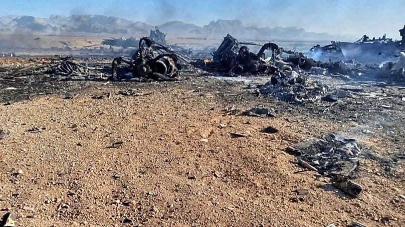 Debris from a suspected US rescue mission after the shoot-down, Isfahan, Iran, April 2026