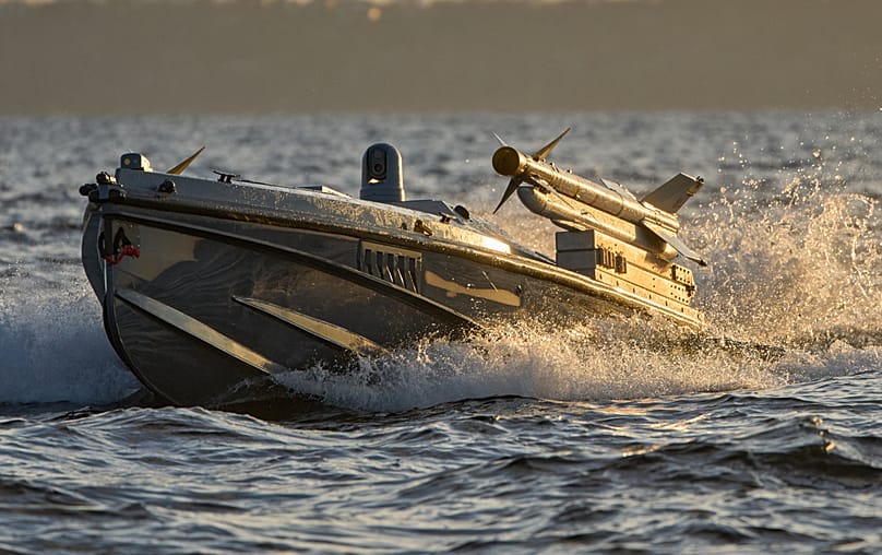 A sea drone Magura V7 of Ukraine's Defence Intelligence equipped with surface-to-air missiles rides in an undisclosed location in Ukraine, Saturday, Dec. 6, 2025