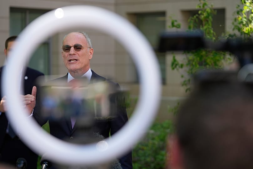 Israeli Ambassador to the US Yechiel Leiter speaks to reporters outside of the State Department in Washington, 14 April, 2026