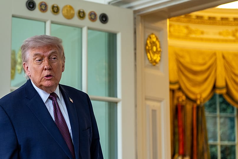US President Donald Trump speaks with reporters outside the Oval Office of the White House, 13 April, 2026