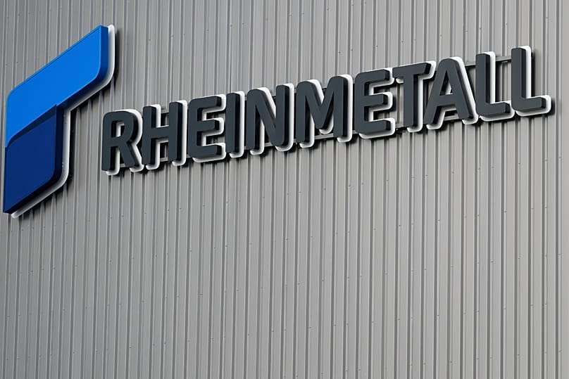 The logo of German arms manufacturer Rheinmetall is pictured in Unterlüß, 27 August, 2025