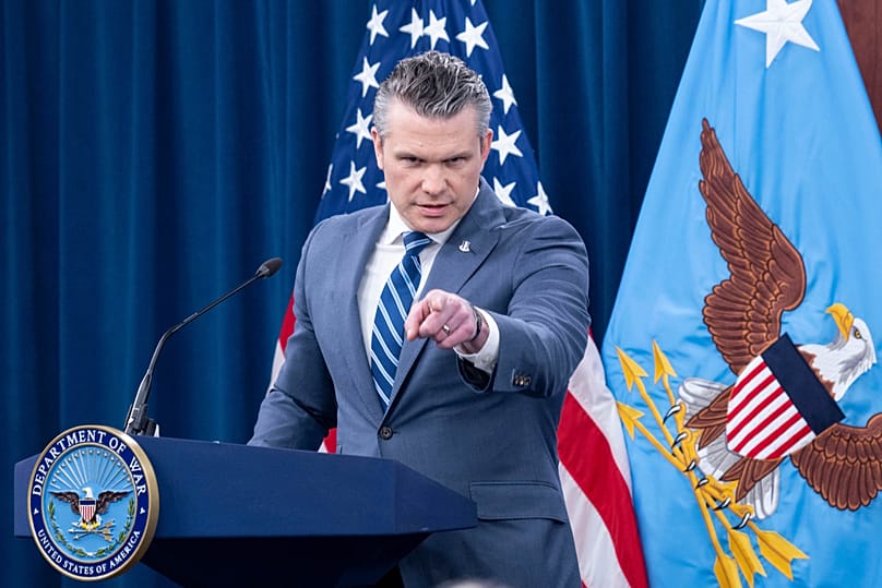 Defence Secretary Pete Hegseth speaks to members of the media during a press briefing at the Pentagon in Washington, 16 April, 2026