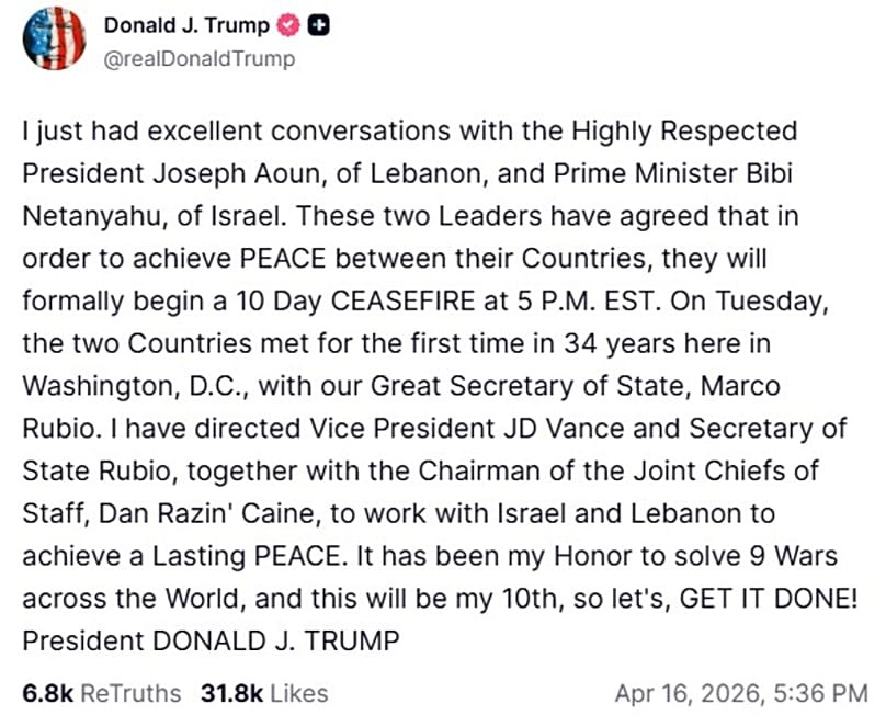 Screenshot of a post by US President Donald Trump on Truth Social, 16 April, 2026