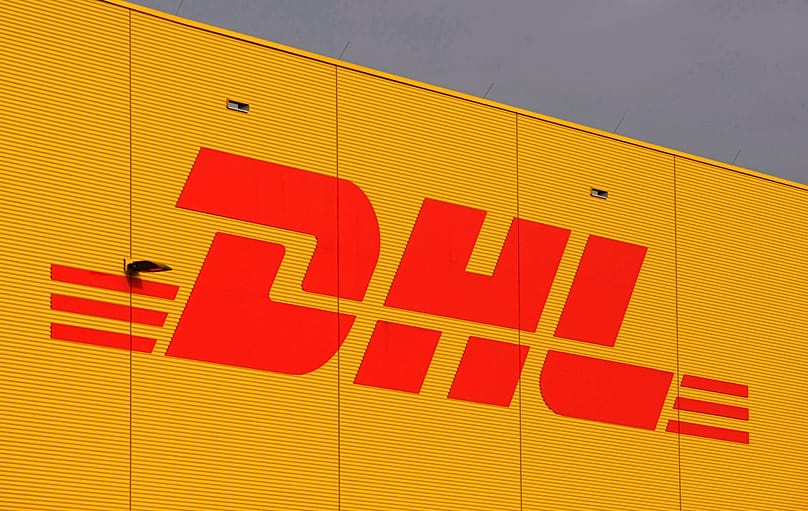 The logo of German freight company DHL on a terminal at the airport Leipzig/Halle, 29 January, 2008