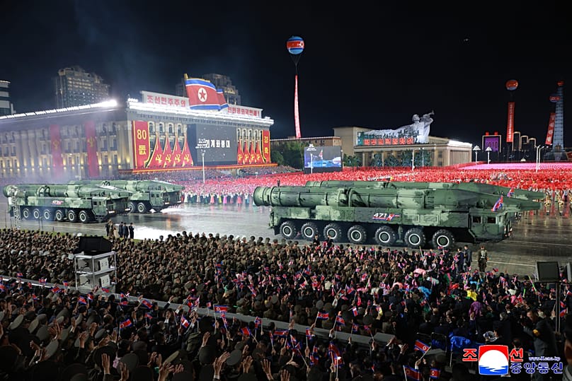 Weapons are shown during the military parade marking the 80th anniversary of the founding of the ruling Worker's Party in Pyongyang, 10 October, 2025