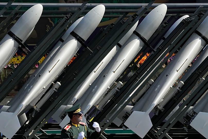 FILE: IRGC drones seen on a truck during an annual military parade in front of the shrine of the late Ayatollah Khomeini, just outside Tehran, 22 September 2023