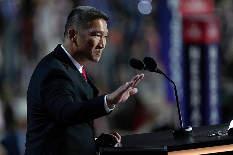FILE - Hung Cao speaks during the Republican National Convention, July 16, 2024, in Milwaukee