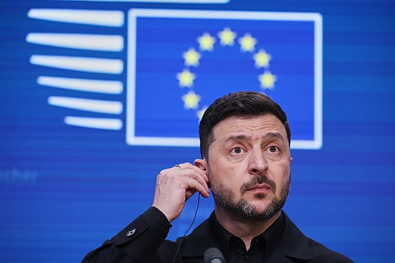 Ukraine's President Volodymyr Zelenskyy prepares to address a media conference during the EU Summit in Brussels, 18 December, 2025