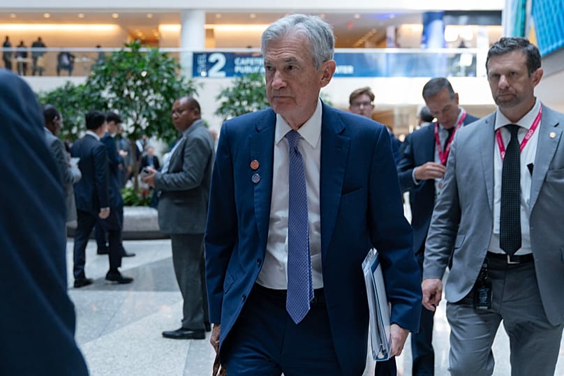 Federal Reserve Board Chairman Jerome Powell leaves after the International Monetary and Financial Committee (IMFC) meeting in Washington, 17 April 2026