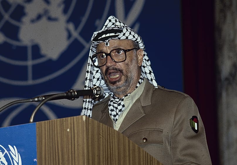 Palestinian leader Yasser Arafat is seen speaking in 1986
