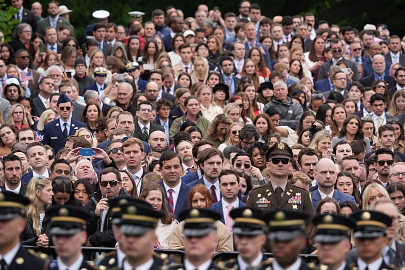 Guests look on as US President Donald Trump greets Britain's King Charles III at the White House, 28 April, 2026