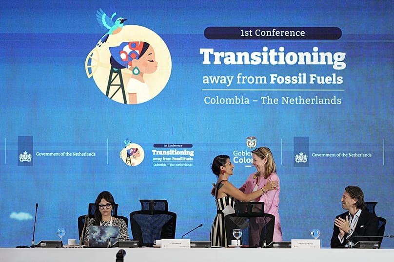 Stientje van Veldhoven, Minister of Climate Policy and Green Growth of the Netherlands, embraces Colombia's Environmental Minister Irene Vélez Torres Tuesday, April 28, 2026. 