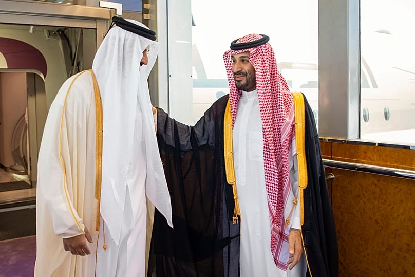 Saudi Crown Prince Mohammed bin Salman welcomes Qatar's Emir Tamim bin Hamad Al Thani upon arrival in Jeddah.