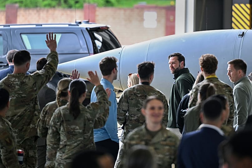 US Vice President JD Vance visits with service members during a refueling stop at Ramstein Air Base, Germany, Thursday April 24, 2025