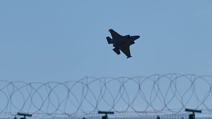 A fighter jet prepares for landing at the UK's RAF Akrotiri air base after it was hit by a drone strike early morning near Limassol in Cyprus. 2 March, 2026. 