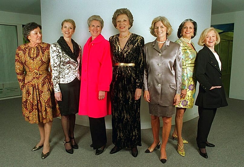 FILE - Doris Fisher (centre) poses during a photoshoot for a feature on the San Francisco Chronicle, April 15, 1996