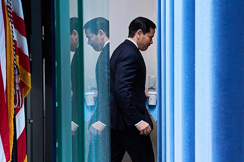 US Secretary of State Marco Rubio leaves the room after speaking to the media in the James Brady Press Briefing Room of the White House, Tuesday, May 5, 2026, in Washington