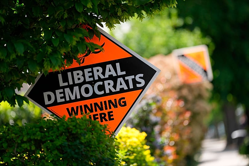 Liberal Democrats political sign put up by the householders to show support ahead of local council elections in London, 6 May, 2026