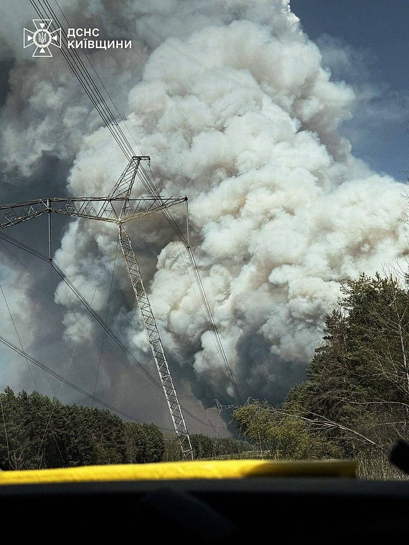 A forest fire burning in the exclusion zone around the Chernobyl nuclear power plant, 8 May, 2026