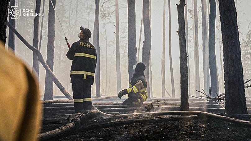 A forest fire burning in the exclusion zone around the Chernobyl nuclear power plant, 8 May, 2026