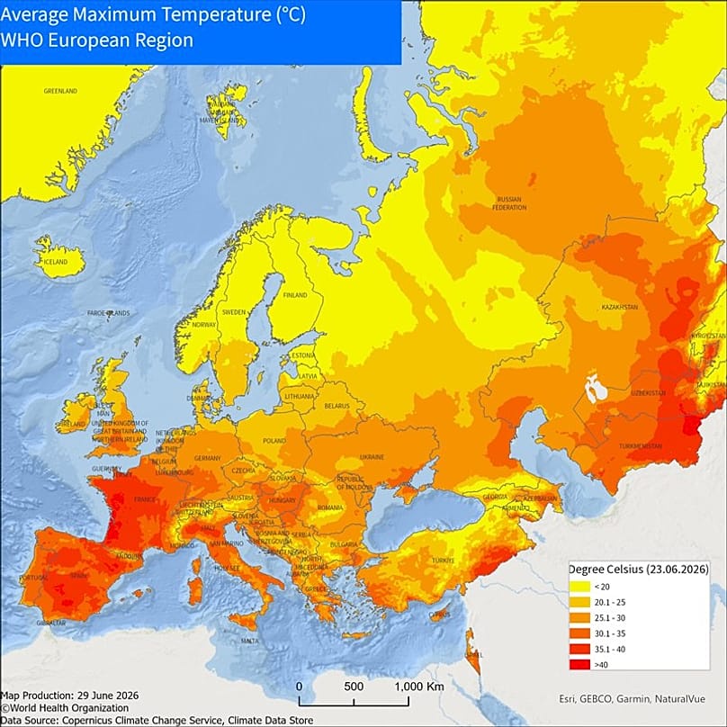 Average maximum temperatures in Europe, 29 June 2026