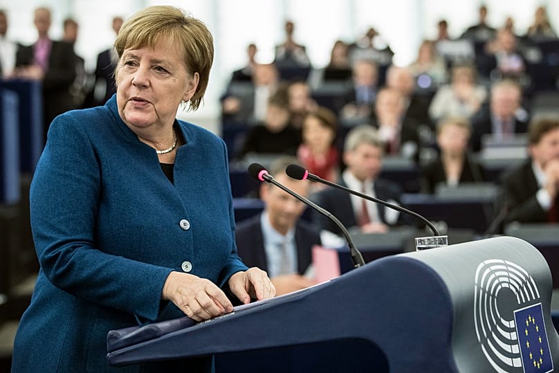 German Chancellor Angela Merkel debates the future of Europe with the members of the European Parliament, in Strasbourg, Nov. 13, 2018. (AP Photo/Jean-Francois Badias)