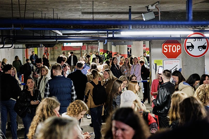 People take shelter in an underground car park during an air raid alert in Vilnius, 20 May, 2026