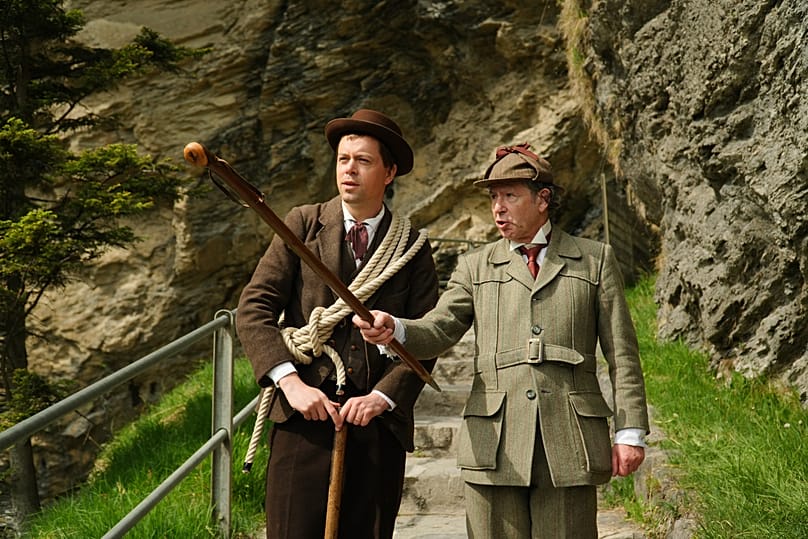 Members of the Sherlock Holmes Society of London, at the Reichenbach Falls, Switzerland, May 3, 2026.