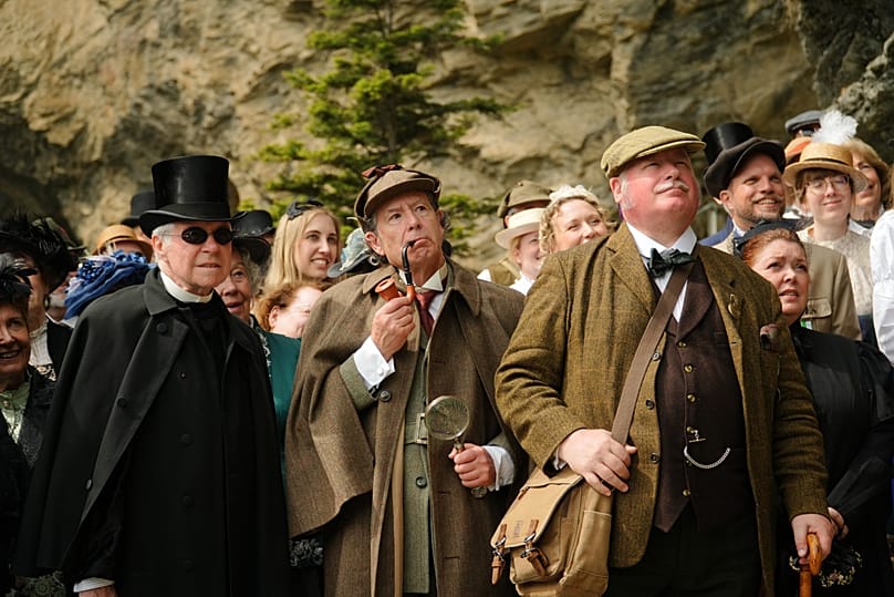 Members of the Sherlock Holmes Society of London, at the Reichenbach Falls, Switzerland, May 3, 2026.