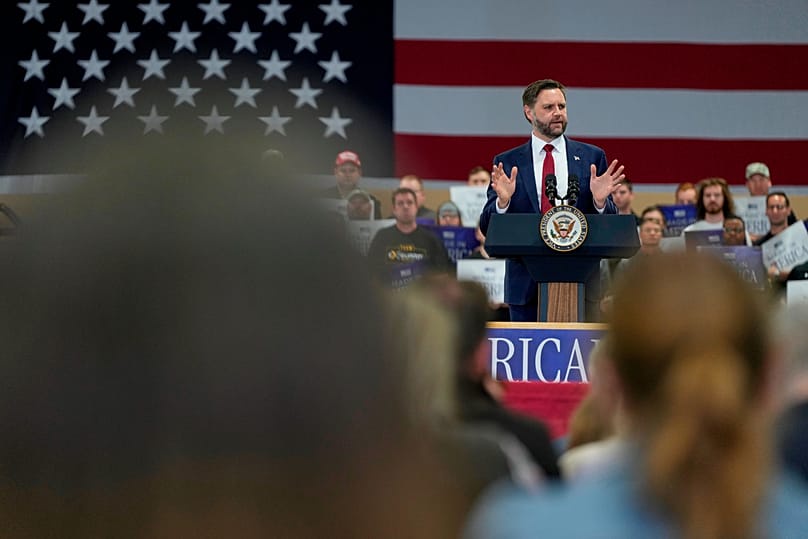 US Vice President JD Vance speaks during a visit to Ex-Guard Industries, May 5, 2026, in Des Moines, Iowa. (AP Photo/Charlie Neibergall)