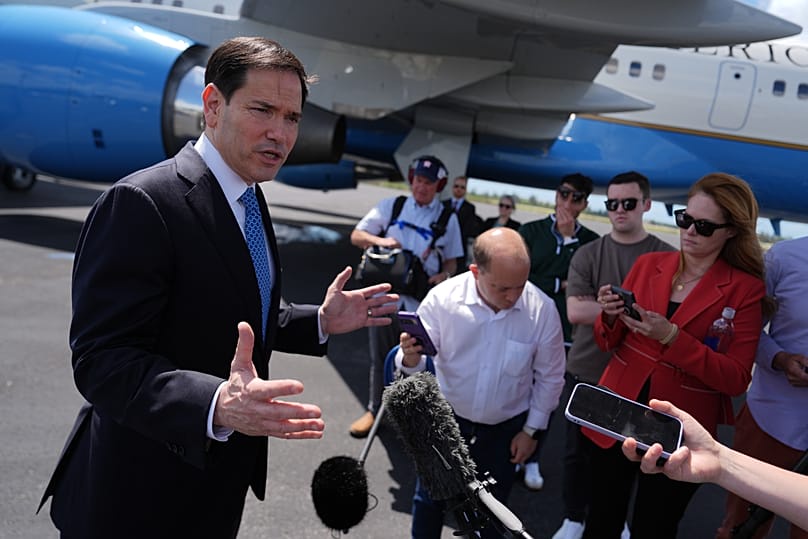 Secretary of State Marco Rubio speaks to the press before boarding his plane at Homestead Air Reserve Base, May 21, 2026. (AP Photo/Julia Demaree Nikhinson, Pool)