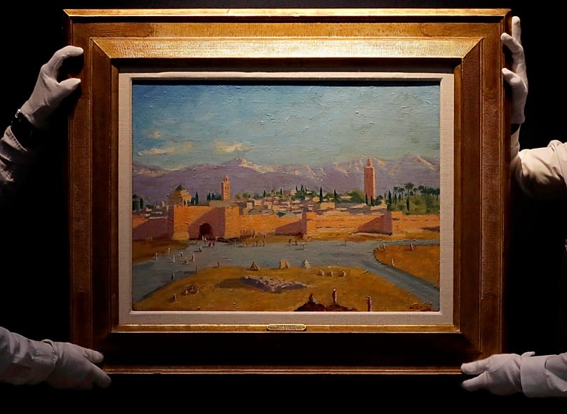 FILE: Once owned by US actress Angelina Jolie, this oil on canvas painting called 'Tower of Koutoubia Mosque' was put up for auction at  Christie's in London in 2021.