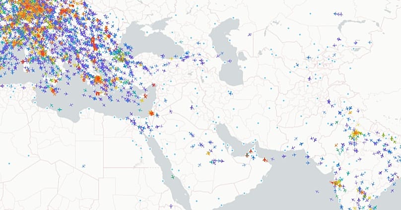 A snapshot of the airspace between Europe, Africa and Asia as seen on Monday 25th May 2026