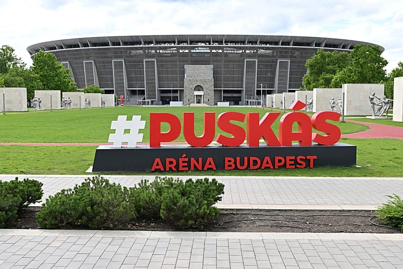 Exterior view of the Puskás Aréna in Budapest on 22 May 2024, after the UEFA Executive Committee decided that this football stadium will host the 2026 men's Champions League final