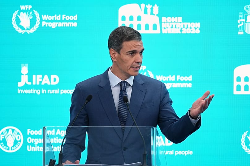 Spanish Prime Minister Pedro Sánchez speaks at the UN Food and Agriculture Organisation headquarters in Rome, 26 May, 2026