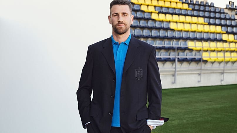 Unai Simón, dressed by Loewe, poses at the Ciudad del Fútbol in Las Rozas in 2026.