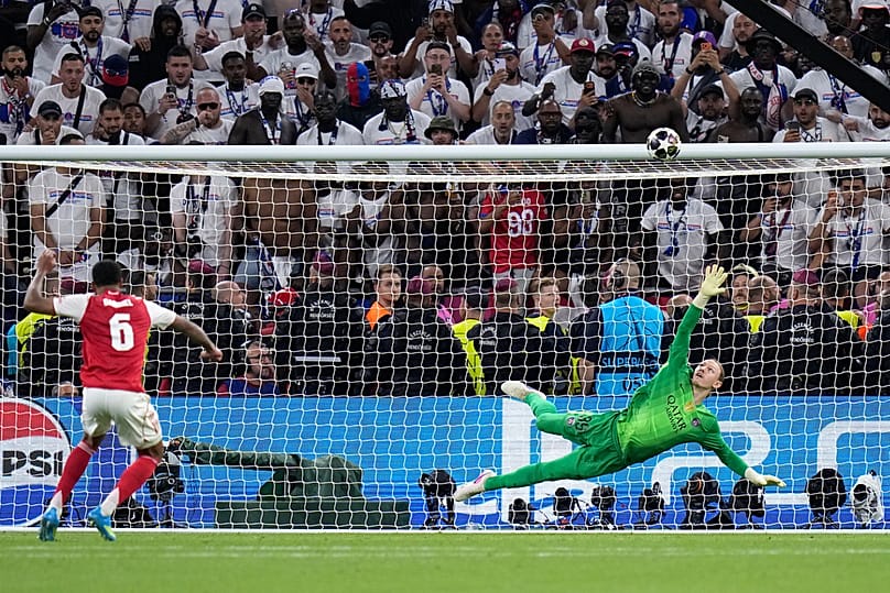 Arsenal's Gabriel Magalhaes shoots over the bar during a penalty shootout after extra time 
