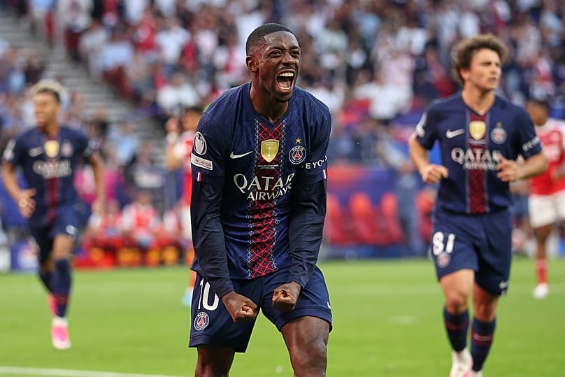 PSG's Ousmane Dembele celebrates after scoring from a penalty kick 