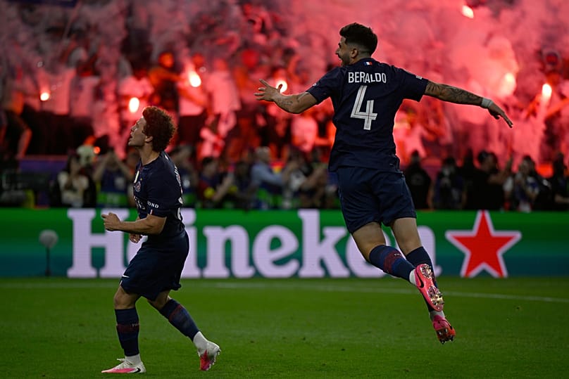 PSG players celebrate after penalty shootout at the end of the Champions League final soccer match 