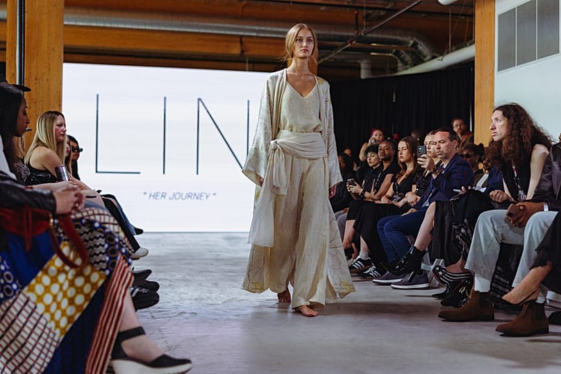 A model wears a piece from Noof Al Mulla's LIN collection at Fashion Art Toronto.