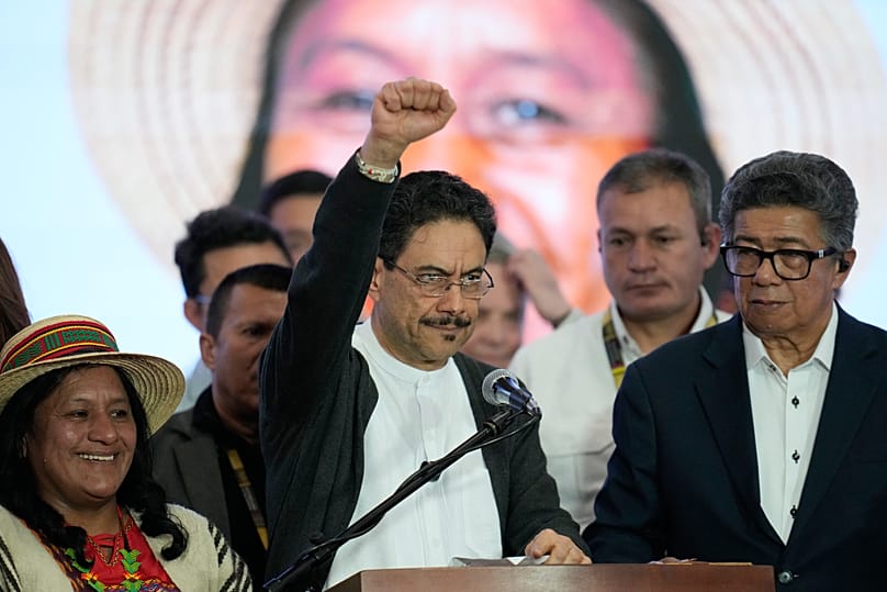 Presidential candidate Ivan Cepeda addresses supporters after advancing to a runoff election in second place in Bogota, Colombia, Sunday, May 31, 2026. 