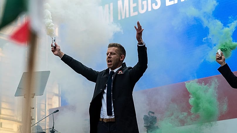 Magyar on Hungary’s national day. In the election, his party secured a two-thirds majority.