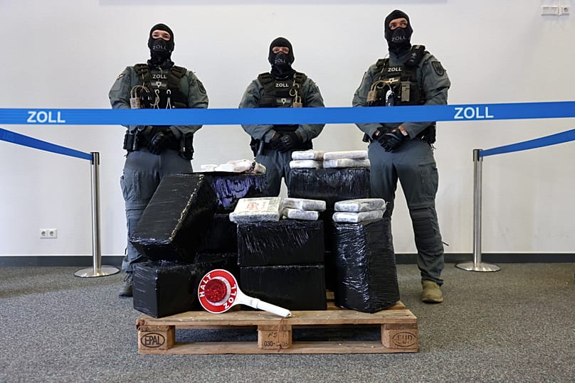 Several bags of cocaine that were seized by German customs are seen at a press conference at the Customs Criminal Investigation Office in Cologne, 3 June, 2026