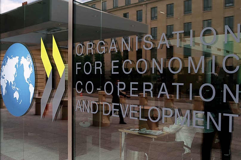 FILE. The logo at the entrance of the OECD headquarters in Paris, Jun. 2017