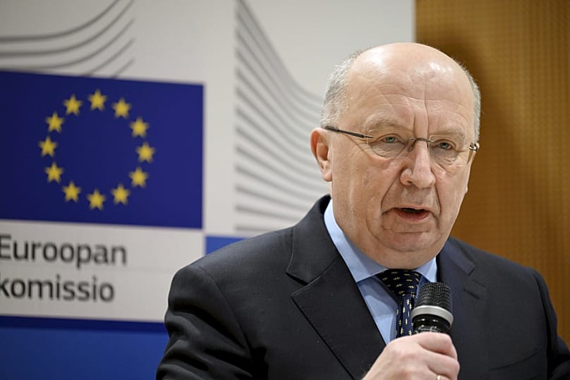 European Commissioner for Defence and Space Andrius Kubilius speaking in Helsinki, Finland February 21, 2025.