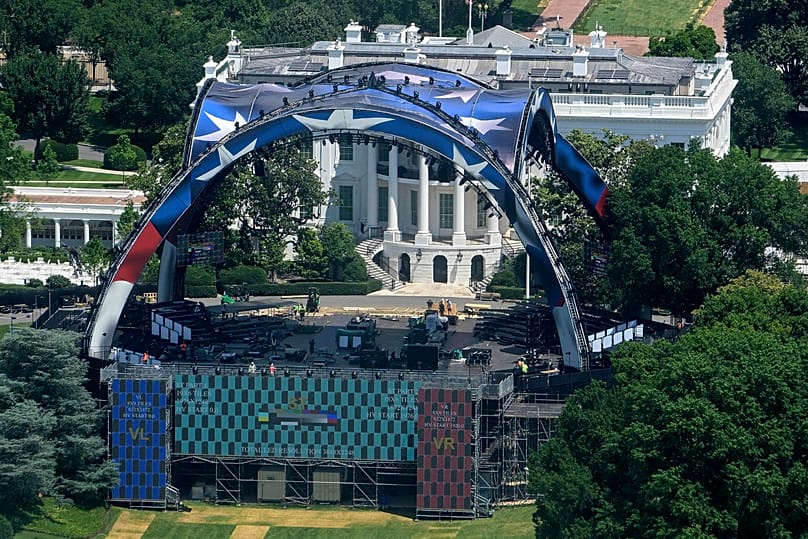 Workers continue building the stage for the UFC fight on the South Lawn of the White House in Washington - Sunday 7 June 2026