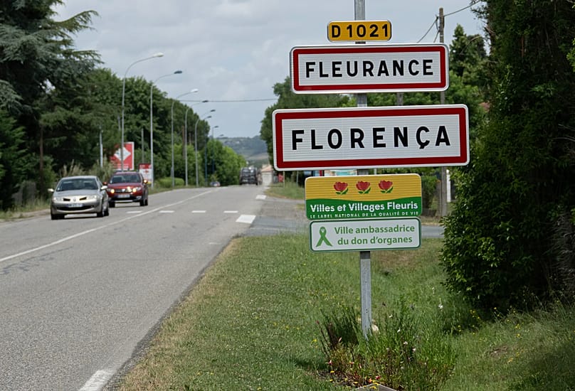 The entrance sign to Fleurance, the home of missing 11-year-old Lyhanna, in southwestern France, 5 June, 2026