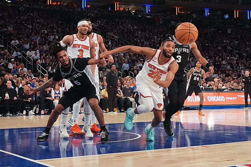 The New York Knicks and the San Antonio Spurs during the second half of Game 3 of the NBA Finals in New York, 8 June, 2026